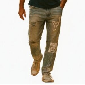 Lifted Anchors Men's Distressed Light Blue Jeans with Graphic Patches 28